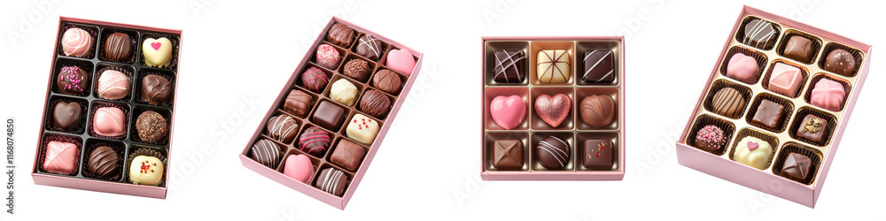 Assorted chocolate boxes featuring pink and brown confections, perfect for gifting or indulgence on special occasions. Assorted chocolate boxes featuring pink and brown confections, perfect for gifting or indulgence on special occasions.