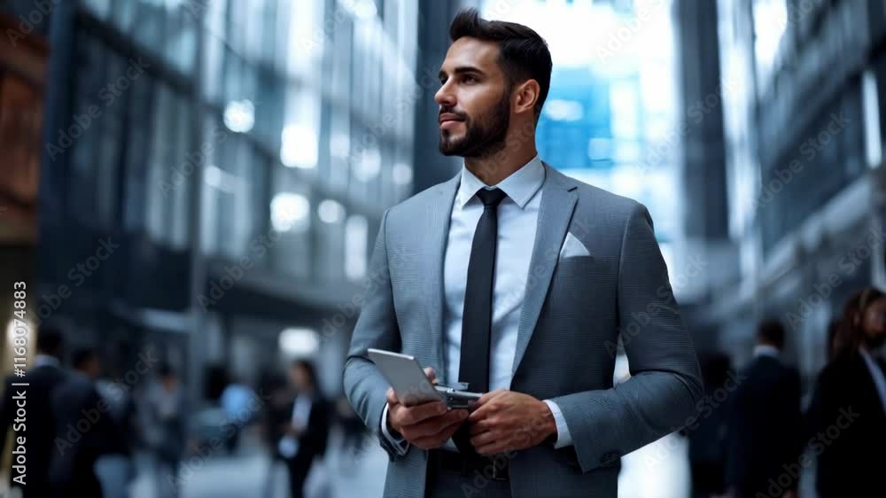 Confident Man in Gray Suit Professional Business Attire for Office and Urban Settings Confident Man in Gray Suit Professional Business Attire for Office and Urban Settings
