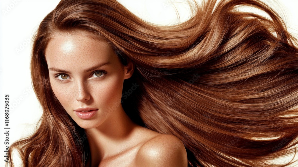 Naklejka premium Model showcasing long flowing hair in studio setting fashion photography beauty and style concept