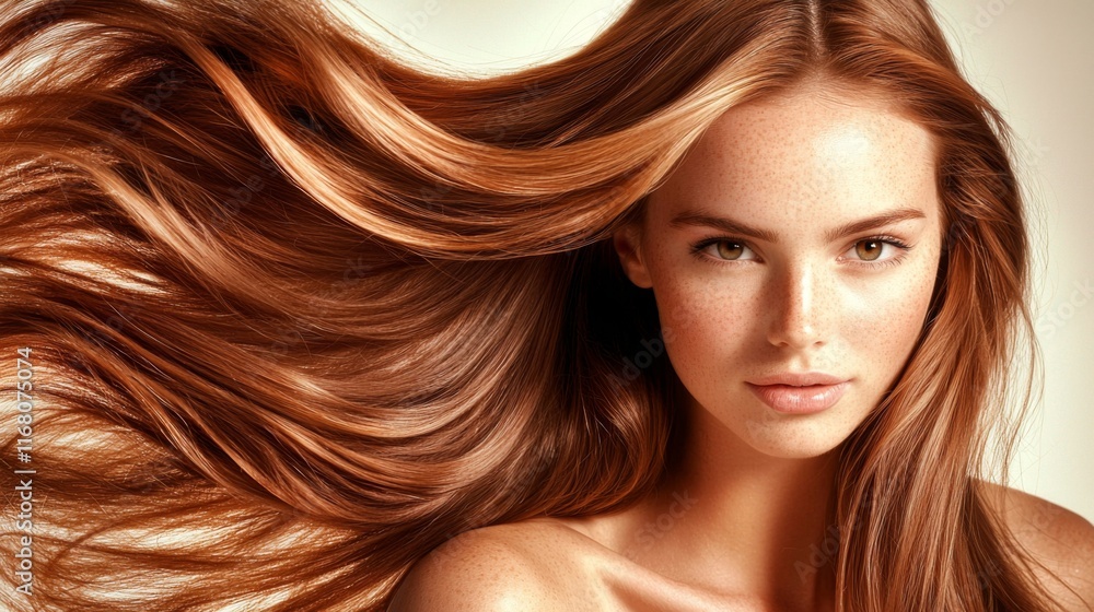 Obraz premium Model showcasing luscious hair studio setting fashion photography soft lighting portrait style beauty concept