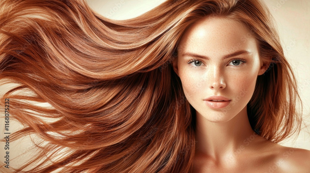 Fototapeta premium Beauty portrait of woman with flowing hair studio setup photography soft lighting close-up hair care concept