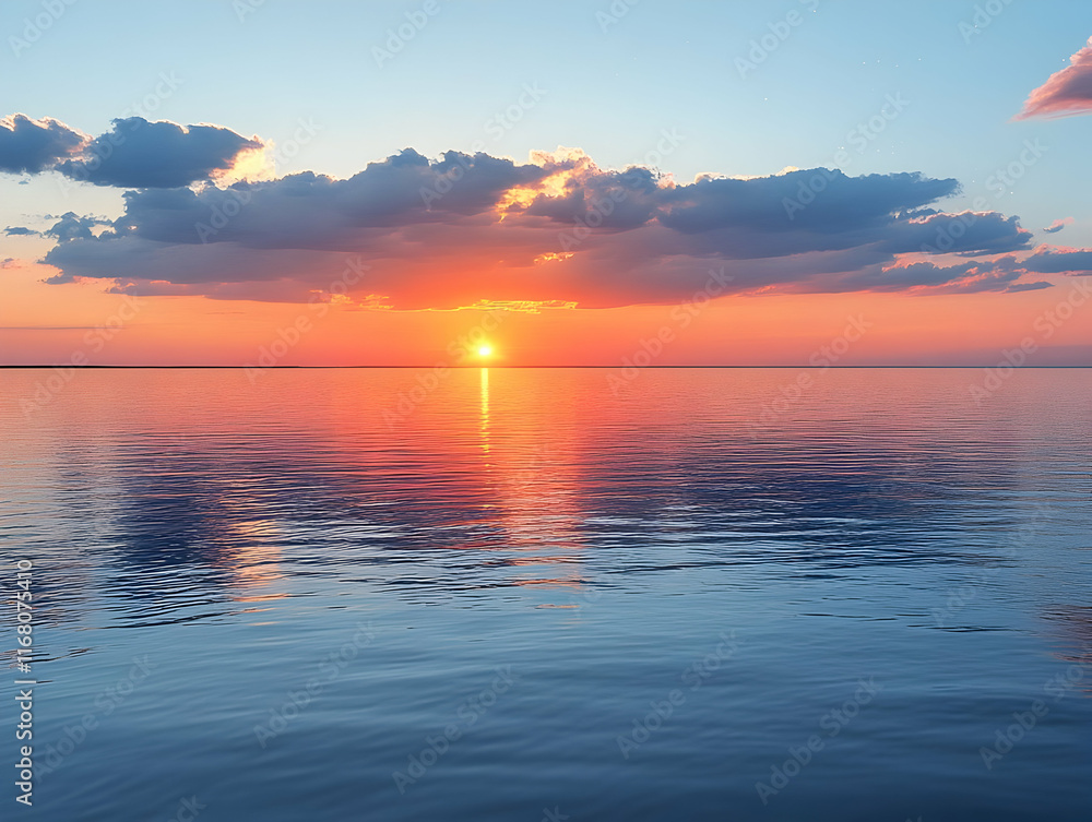 Obraz premium Vibrant sunset over calm ocean water, reflecting colors in the sea.