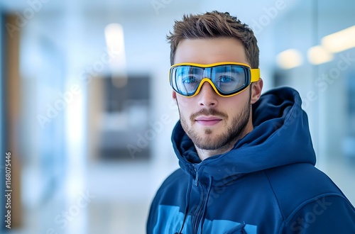 Portrait of a handsome man in winter sportswear with ski goggles photo