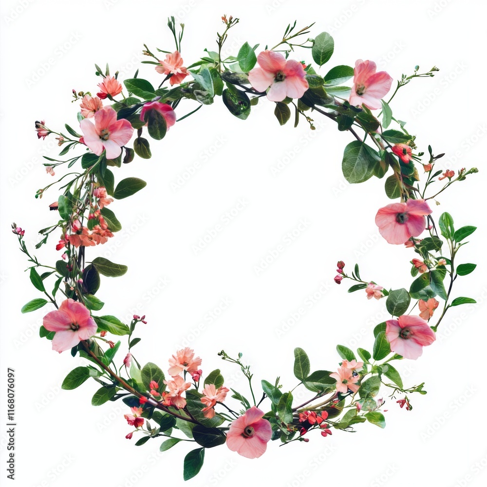 Fototapeta premium Circular Floral Wreath with Pink Flowers and Green Leaves on a White Background