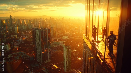 Construction workers overseeing cityscape at sunset urban environment aerial view industrial development