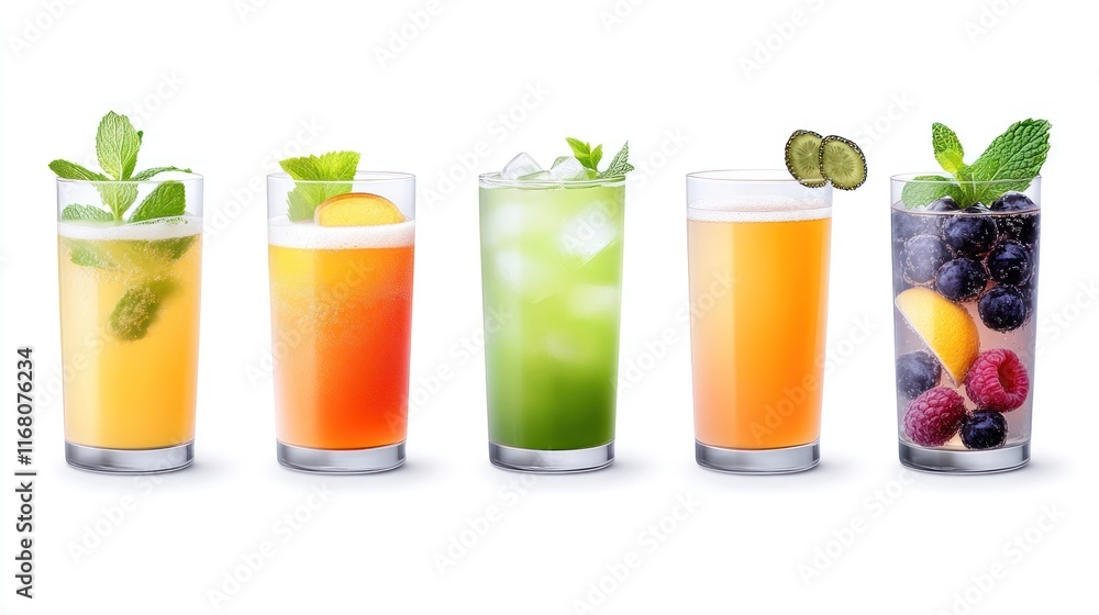 Fototapeta premium A variety of colorful, refreshing drinks in clear glasses.