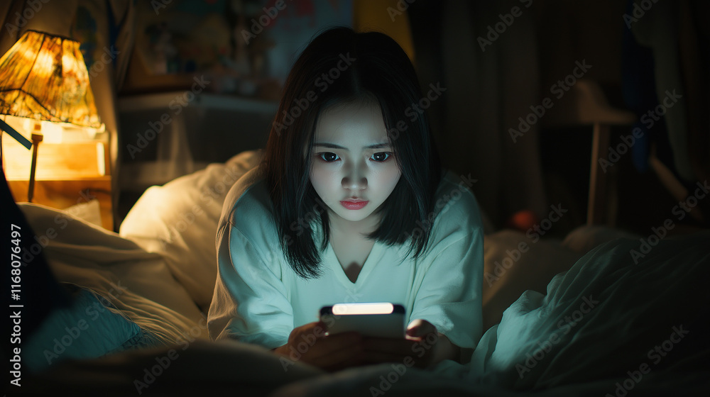 Thai Woman Obsession with Smartphone: Bedtime Social Media Addiction, Face and Hand Gestures Captured. Symbolizing Phone Overuse and Addiction to Social Media. Thai Woman Obsession with Smartphone: Bedtime Social Media Addiction, Face and Hand Gestures Captured. Symbolizing Phone Overuse and Addiction to Social Media.