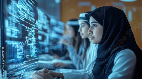 A picture of Saudi Arabian students in the classroom learning on the computer