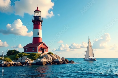 Wallpaper Mural Lighthouse with a sailboat docked at its base, sea, ocean Torontodigital.ca