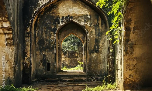 Wallpaper Mural Ancient Archway: Exploring Ruined Structures, Overgrown Pathways, and Timeworn Stonework.  Nature Reclaims Historical Architecture's Beauty. Torontodigital.ca