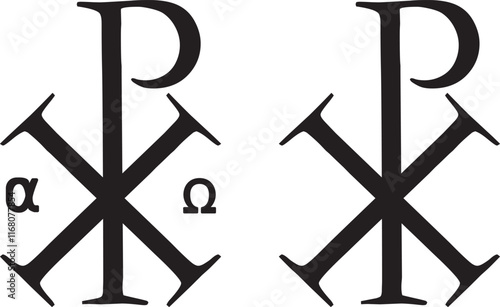 Chi Rho Christogram symbol. Alpha and omega Early Christianity Jesus monogram.