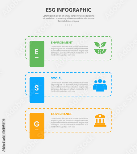 ESG infographic outline style with 3 point template with dotted line rectangle with vertical badge for slide presentation