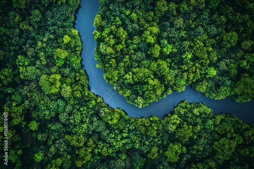 Aerial View of a Winding River Through a Lush Forest