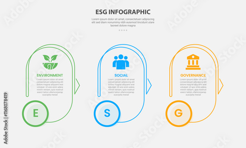 ESG infographic outline style with 3 point template with round vertical shape with circle badge at bottom for slide presentation