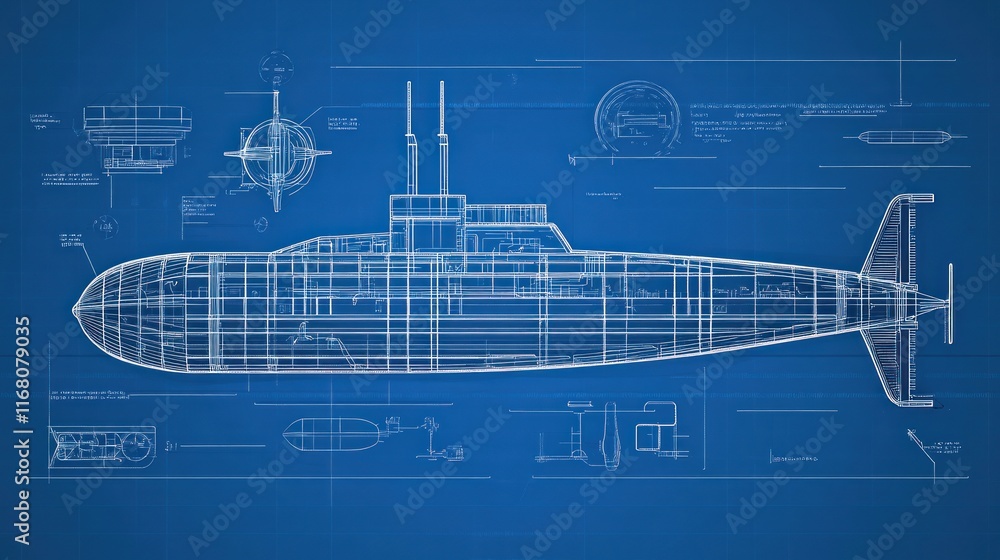 Fototapeta premium Blueprint of a submarine showing detailed design and engineering specifications.