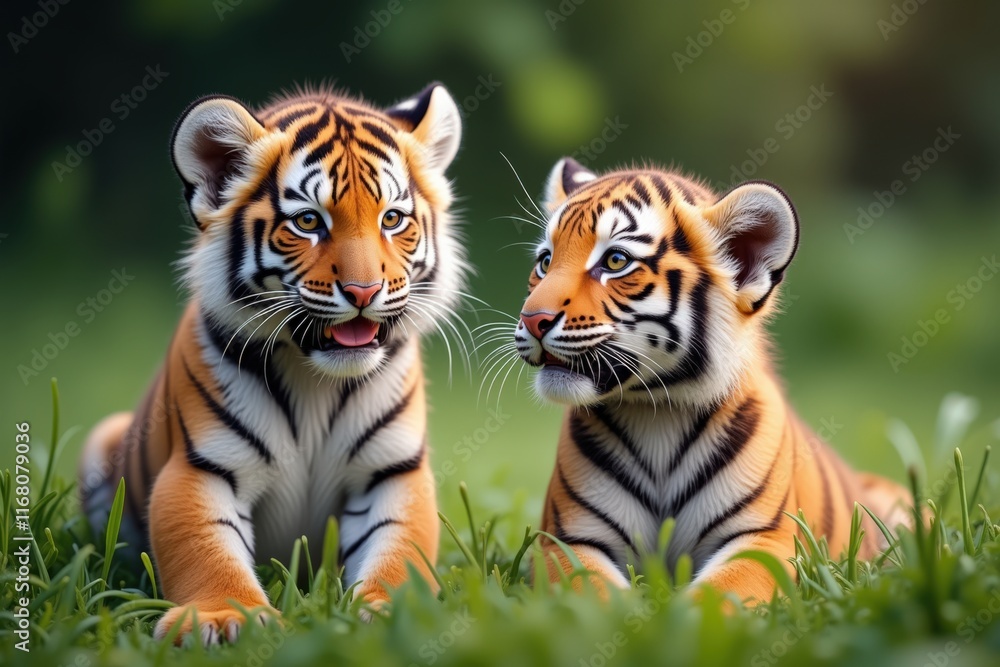 Obraz premium Adorable Tiger Cubs in a Lush Green Field, Perfect for Nature and Wildlife Lovers