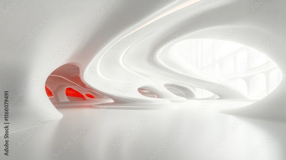 Empty futuristic 3D room with white background, abstract space technology tunnel, and modern neon lighting Empty futuristic 3D room with white background, abstract space technology tunnel, and modern neon lighting