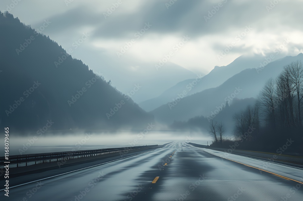 Misty Mountain Road Leading To A Foggy Lake Misty Mountain Road Leading To A Foggy Lake