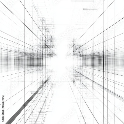 Abstract digital lines forming a three-dimensional perspective view creating a sense of depth and movement in a minimalist design