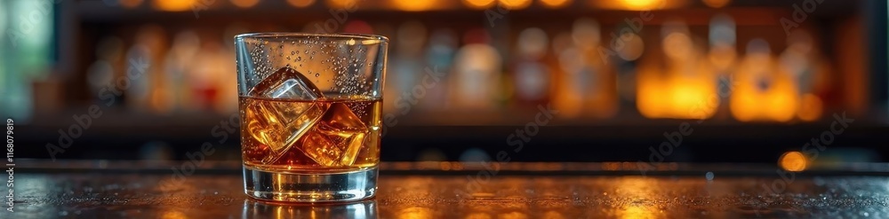 Whiskey glass on bar counter with condensation, whiskey, , liquor Whiskey glass on bar counter with condensation, whiskey, , liquor