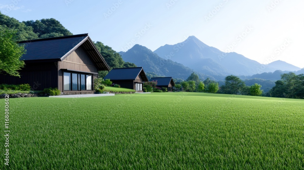 Serene landscape featuring traditional houses and mountains. Serene landscape featuring traditional houses and mountains.