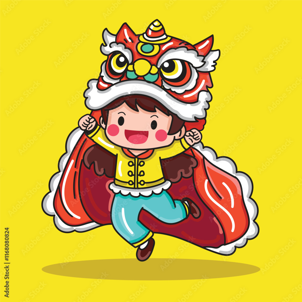 Cute and happy Boy and Girl Jumping while wearing a Chinese Lion Dance Costume Cute and happy Boy and Girl Jumping while wearing a Chinese Lion Dance Costume