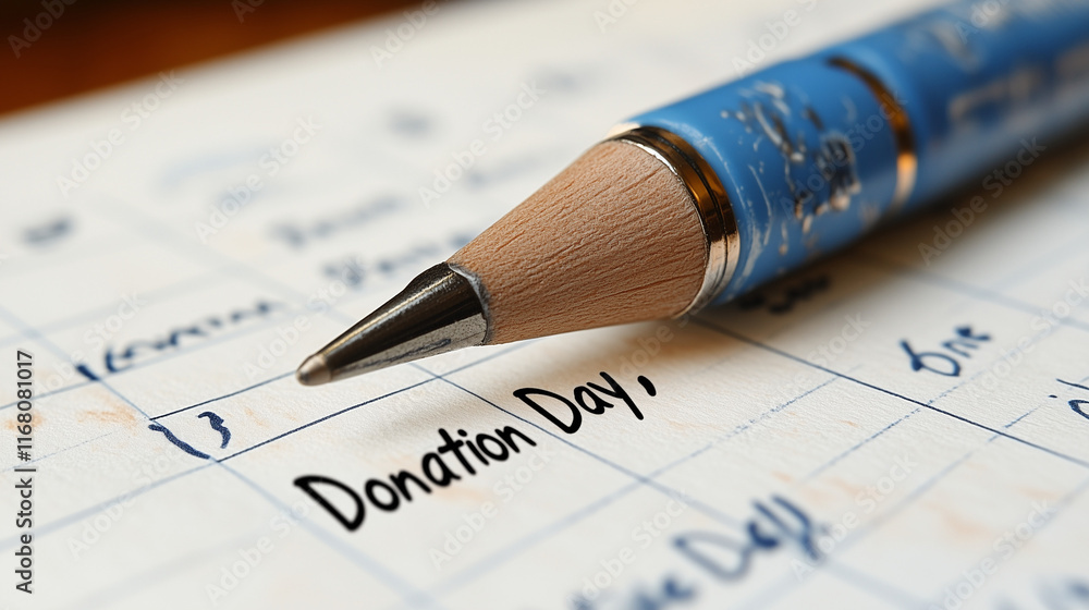 Donation Day marked on calendar with pencil close-up. Donation Day marked on calendar with pencil close-up.
