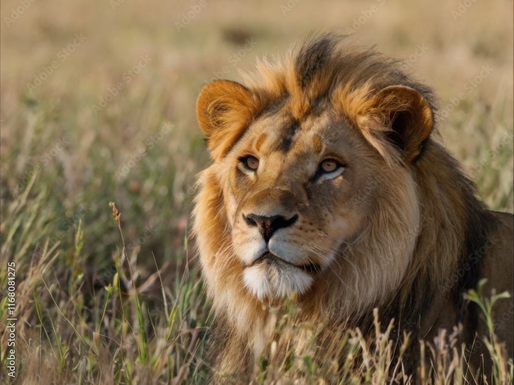 Fototapeta premium A powerful African lion in the tall grass of the savannah, close-up