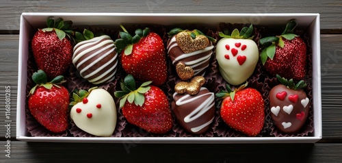 valentine theme concept. A box of chocolate-dipped strawberries in assorted designs like red glitter, white swirls, and gold accents, Valentine theme, elegant romantic treat photo