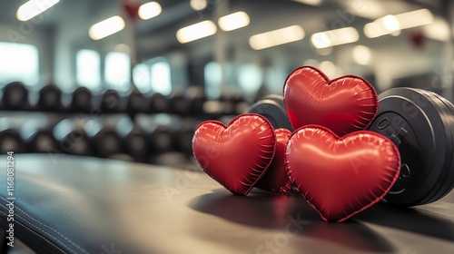 Red heart shapes on gym equipment, symbolizing love for fitness in a modern gym. photo