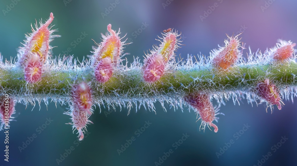 Close-up of a plant stem with hairy, colorful structures. Close-up of a plant stem with hairy, colorful structures.