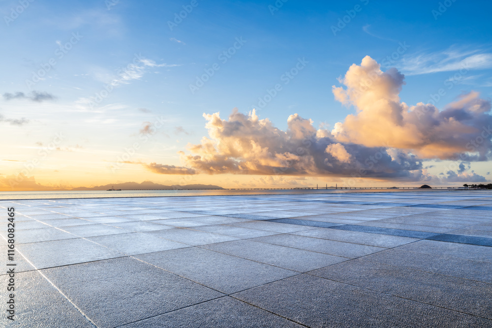 Empty square floor and beautiful coastline with sky clouds nature landscape at sunrise. Outdoor natural background.