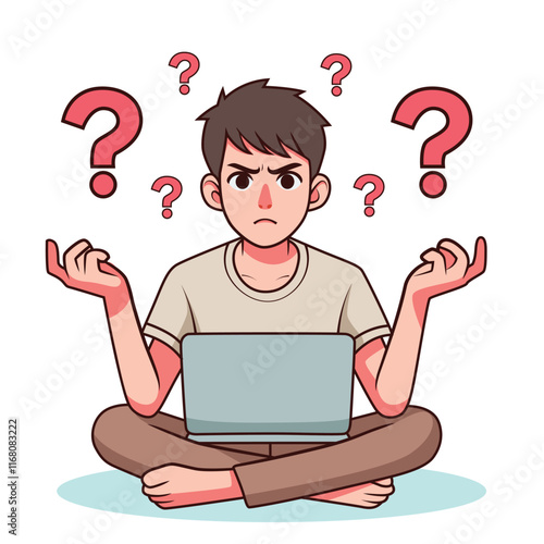 confused guy in front of laptop thinking about something vector cartoon illustration