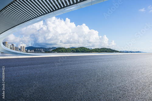 Asphalt highway road and bridge with island scenery in Zhuhai, China. Outdoor road background.