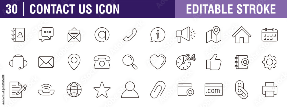 Collection of contact us icons. Business, communication, social, media. Vector design template, signs, symbols, editable stroke. Collection of contact us icons. Business, communication, social, media. Vector design template, signs, symbols, editable stroke.