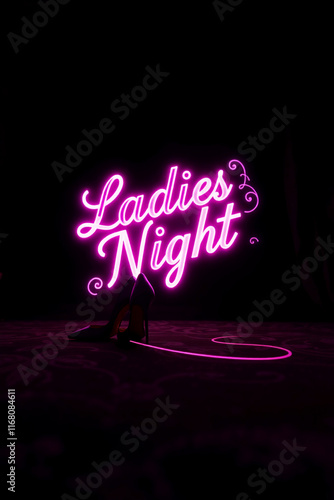 AI generative. Text of ladies night design with effect of neon glow on the dark background. 3