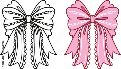 Pink bow ribbon clipart coquette aesthetic for design element or coloring page. Vector illustration.