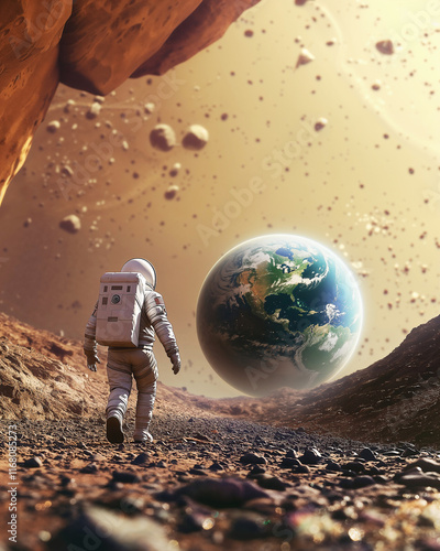 astronaut explores rocky landscape, gazing at Earth in distance, surrounded by asteroids and cosmic elements, evoking sense of wonder and adventure photo