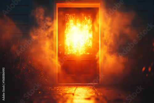 Burning Doorway Night Scene Dramatic Digital Illustration photo