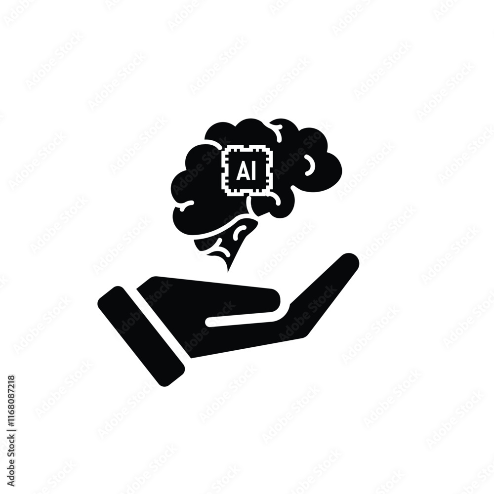 brain icon. brain and artificial intelligence in hand. Brain design and chip in the middle. Education, technology and protection vector design. Solid design style brain icon. brain and artificial intelligence in hand. Brain design and chip in the middle. Education, technology and protection vector design. Solid design style