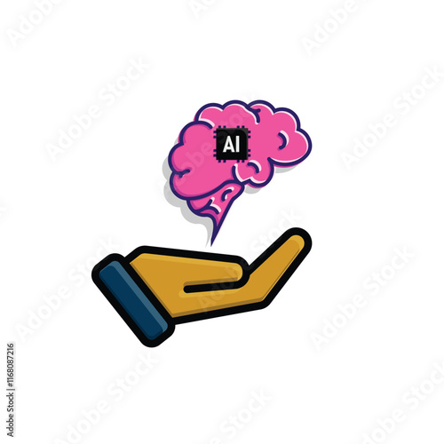 brain icon. brain and artificial intelligence in hand. Brain design and chip in the middle. Education, technology and protection vector design. colored flat design style