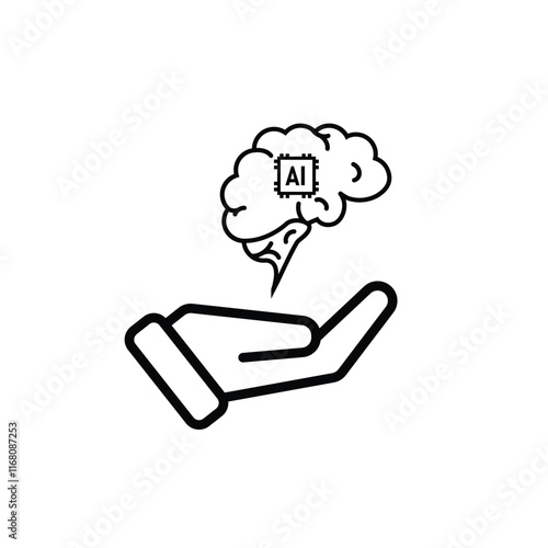 brain icon. brain and artificial intelligence in hand. Brain design and chip in the middle. Education, technology and protection vector design. Line design style