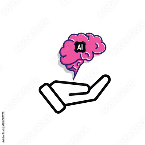 brain icon. brain and artificial intelligence in hand. Brain design and chip in the middle. Education, technology and protection vector design. Mixed design style