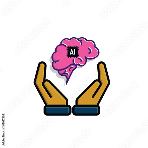 brain icon. brain and artificial intelligence in hand. Brain design and chip in the middle. Education, technology and protection vector design. colored flat design style