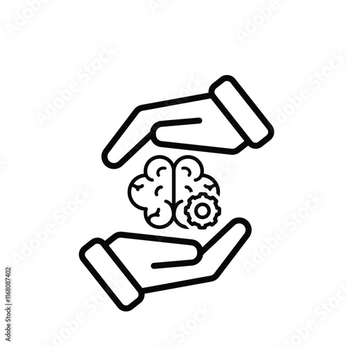 brain icon. brain and artificial intelligence in hand. Brain design and chip in the middle. Education, technology and protection vector design. Line design style