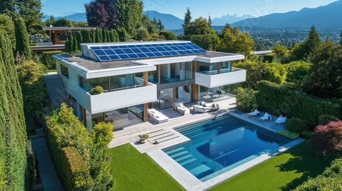 Modern house with solar panels, pool, and landscaped garden in a scenic setting.