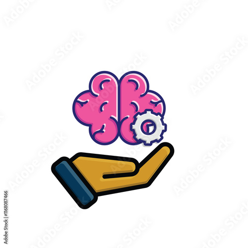 brain icon. brain and artificial intelligence in hand. Brain design and chip in the middle. Education, technology and protection vector design. colored flat design style