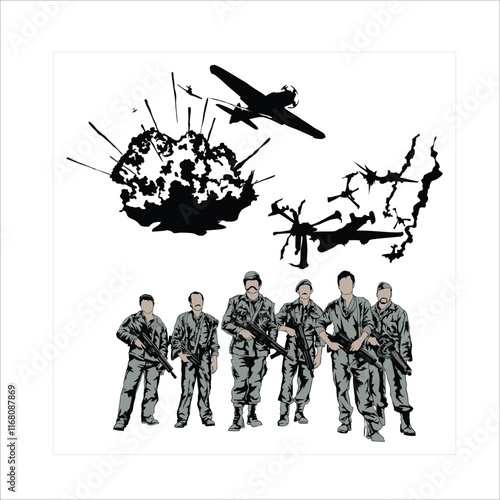 vector illustration depicting armed troops in formation and a bomber plane in flight. 