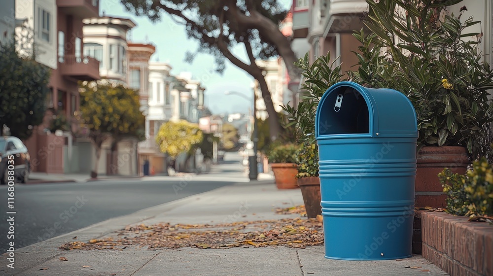 A blue trash can on a sidewalk with residential buildings nearby. A blue trash can on a sidewalk with residential buildings nearby.