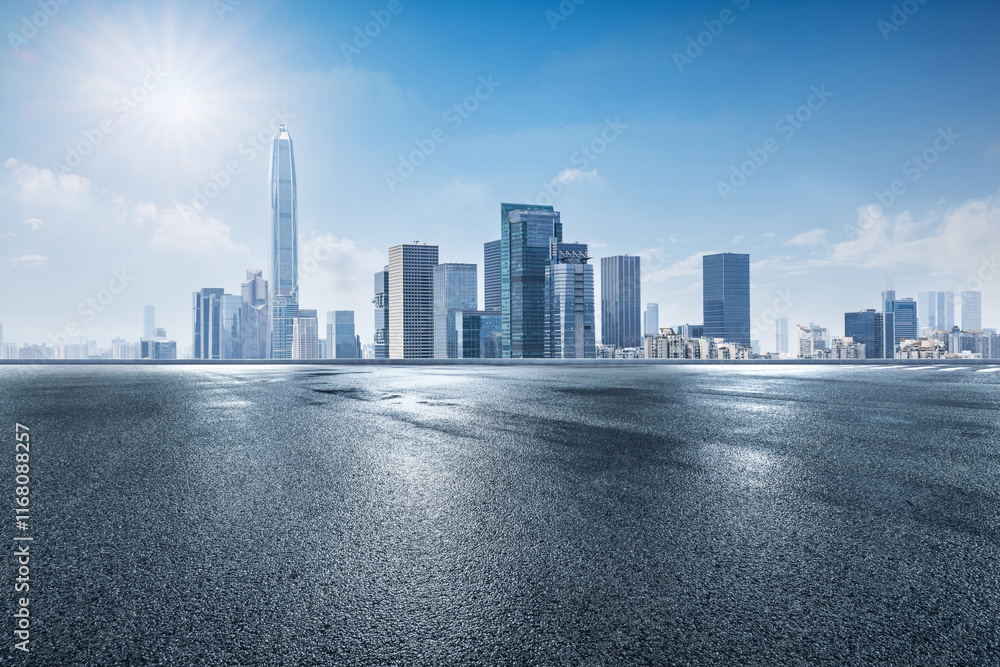 Asphalt road square with modern city buildings scenery in Shenzhen, China. Outdoor city background.